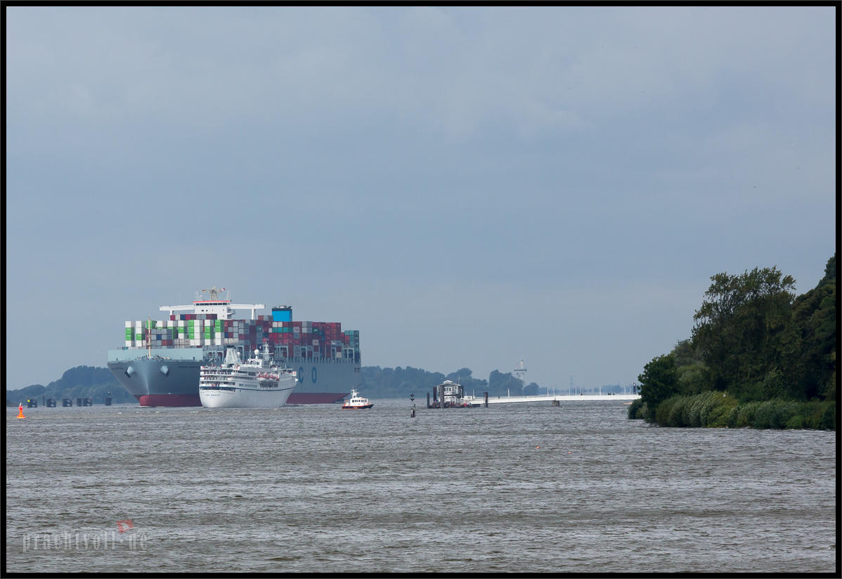 Am 18.8.2014 kommen 2 große Containerschiffe Cosco Portugal und Hyundai  Victory in den Hamburger Hafen.